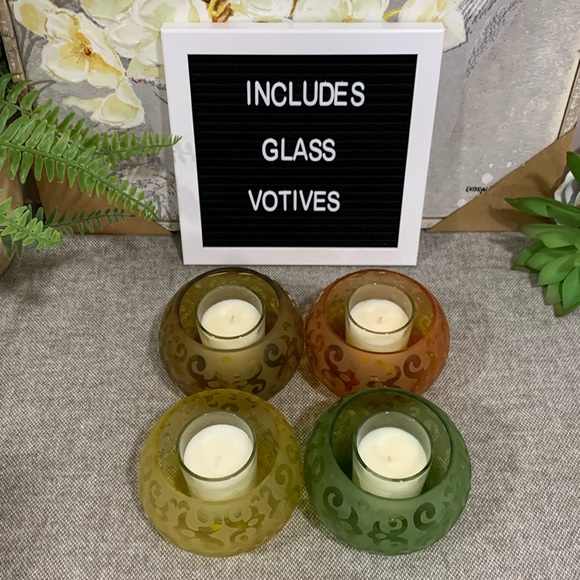 MIKASA Set of 4 Colored Frosted Damask Glass Votive Holders with Candles!🕯️ - Picture 4 of 14